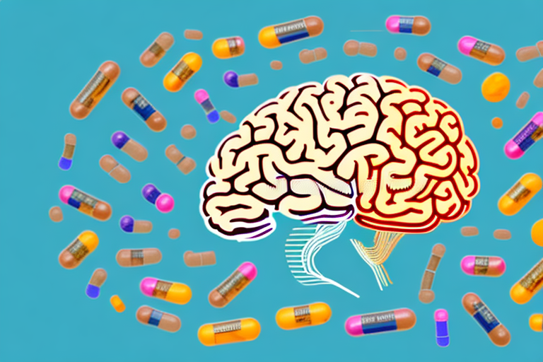 A brain surrounded by a variety of colorful supplements